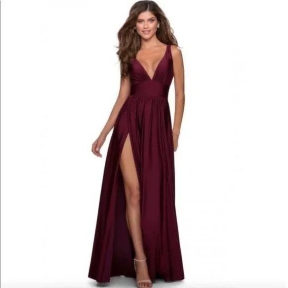 La Femme 28547 Plunge Neck A-Line Gown Sleeveless Slit Maxi Dress Dark Red 12 - Picture 2 of 10